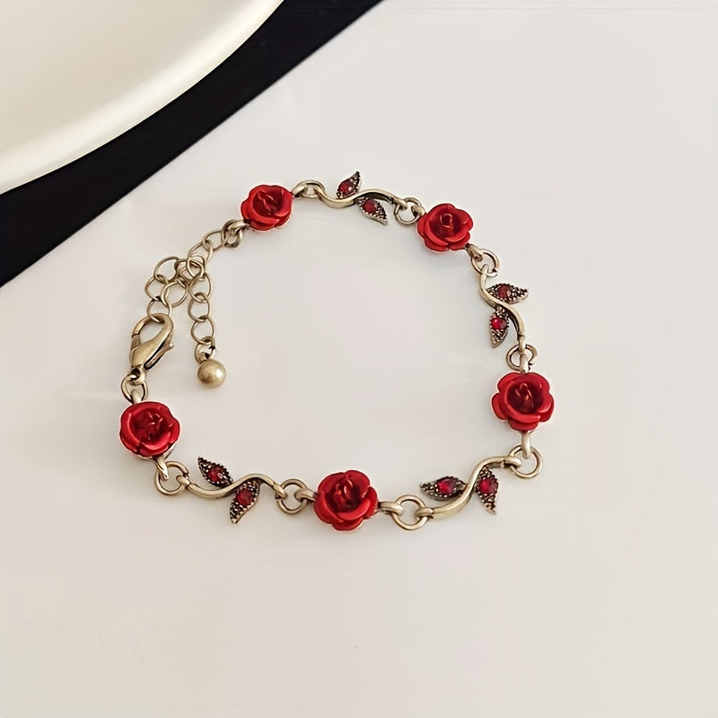 1pc Red Rose Flower Decor Chain Bracelet, Elegant Halloween Christmas Party Gift Accessories