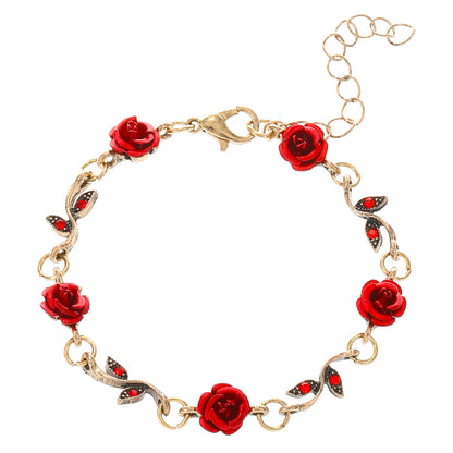 1pc Red Rose Flower Decor Chain Bracelet, Elegant Halloween Christmas Party Gift Accessories Golden