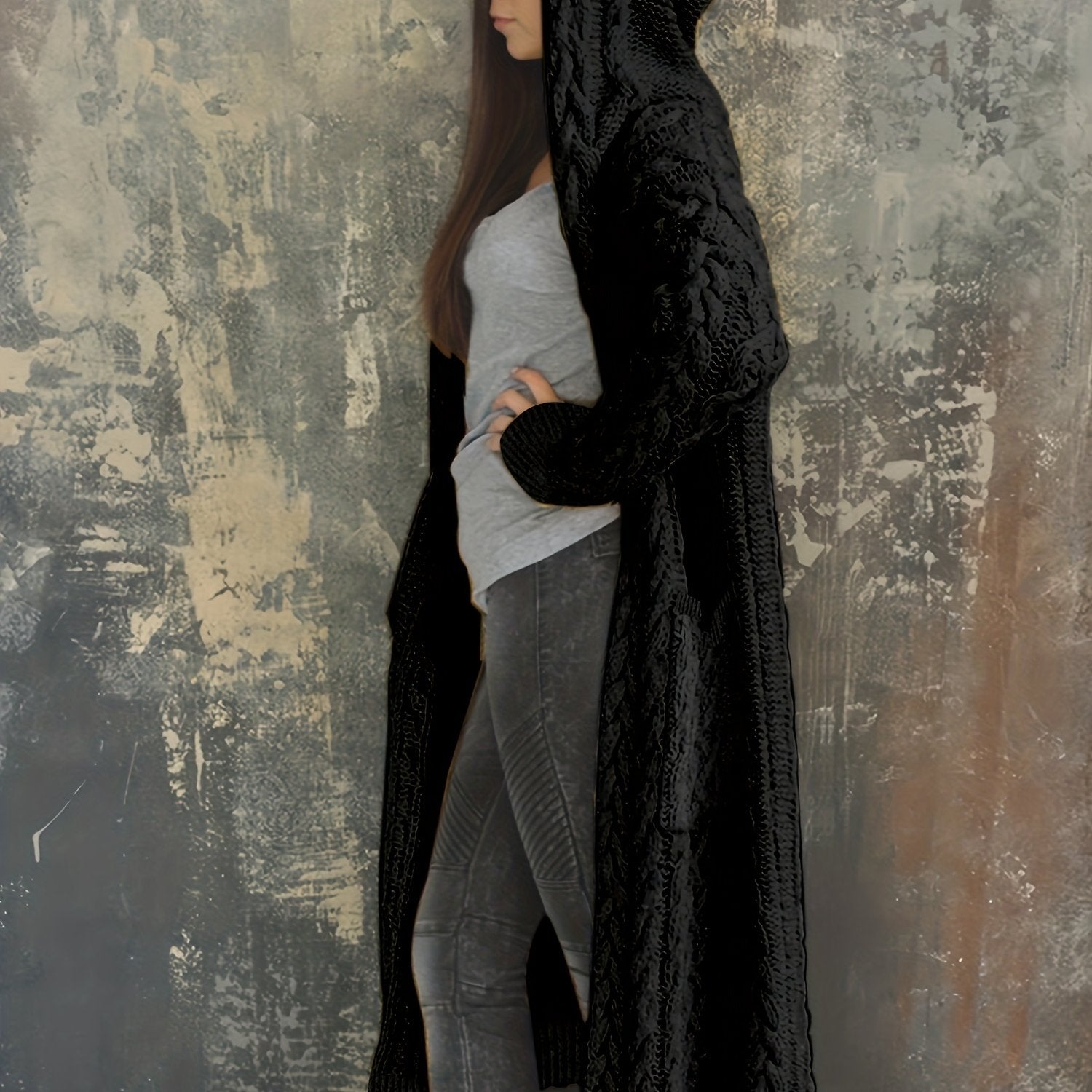 Plus Size Women's Solid Color Hooded Cardigan Coat, Casual Knitted Sweater Coat black