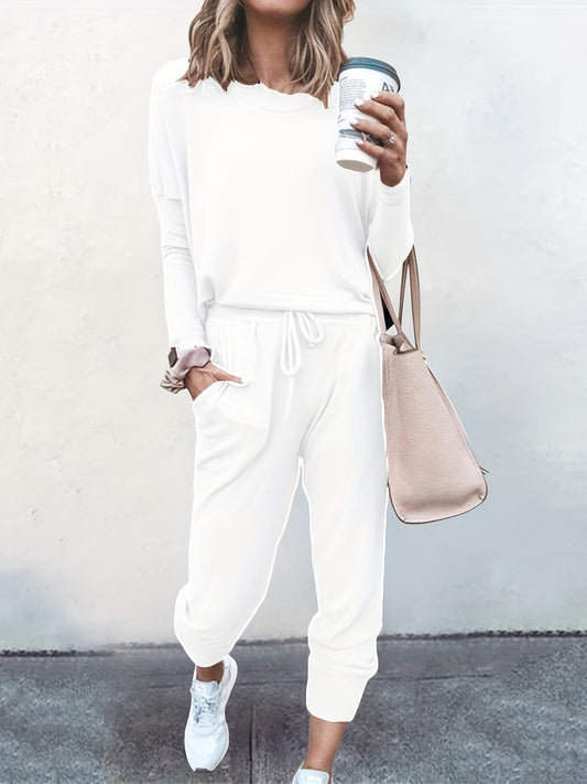 Casual Solid Two-piece Set, Long Sleeve T-shirt & Drawstring Pants Outfits, Women's Clothing
