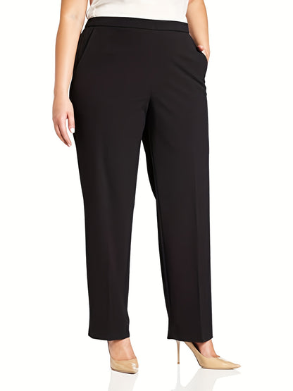 Plus Size Casual Pants, Women's Plus Solid High Stretch Straight Leg Pants With Pockets