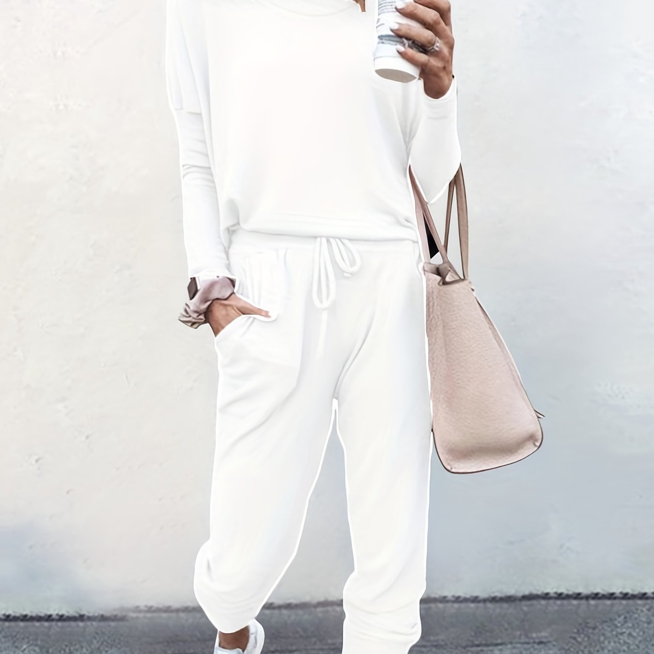 Casual Solid Two-piece Set, Long Sleeve T-shirt & Drawstring Pants Outfits, Women's Clothing White