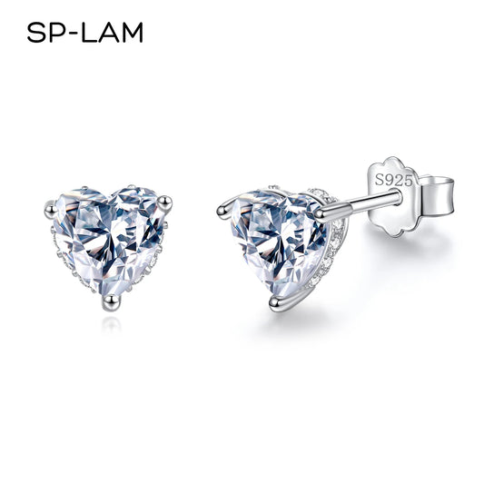 1CT Moissanite Earrings Heart Created Diamond Stone Genuine 925 Silver Women Elegant Luxury Tiny CZ Paved Studs Jewelry Gift