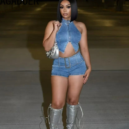 FAGADOER Y2K Sexy Denim 2 Piece Sets Woman Outfit Zipper Sleeveless Backless Halter Crop Top and Shorts Suits Female Streetwear