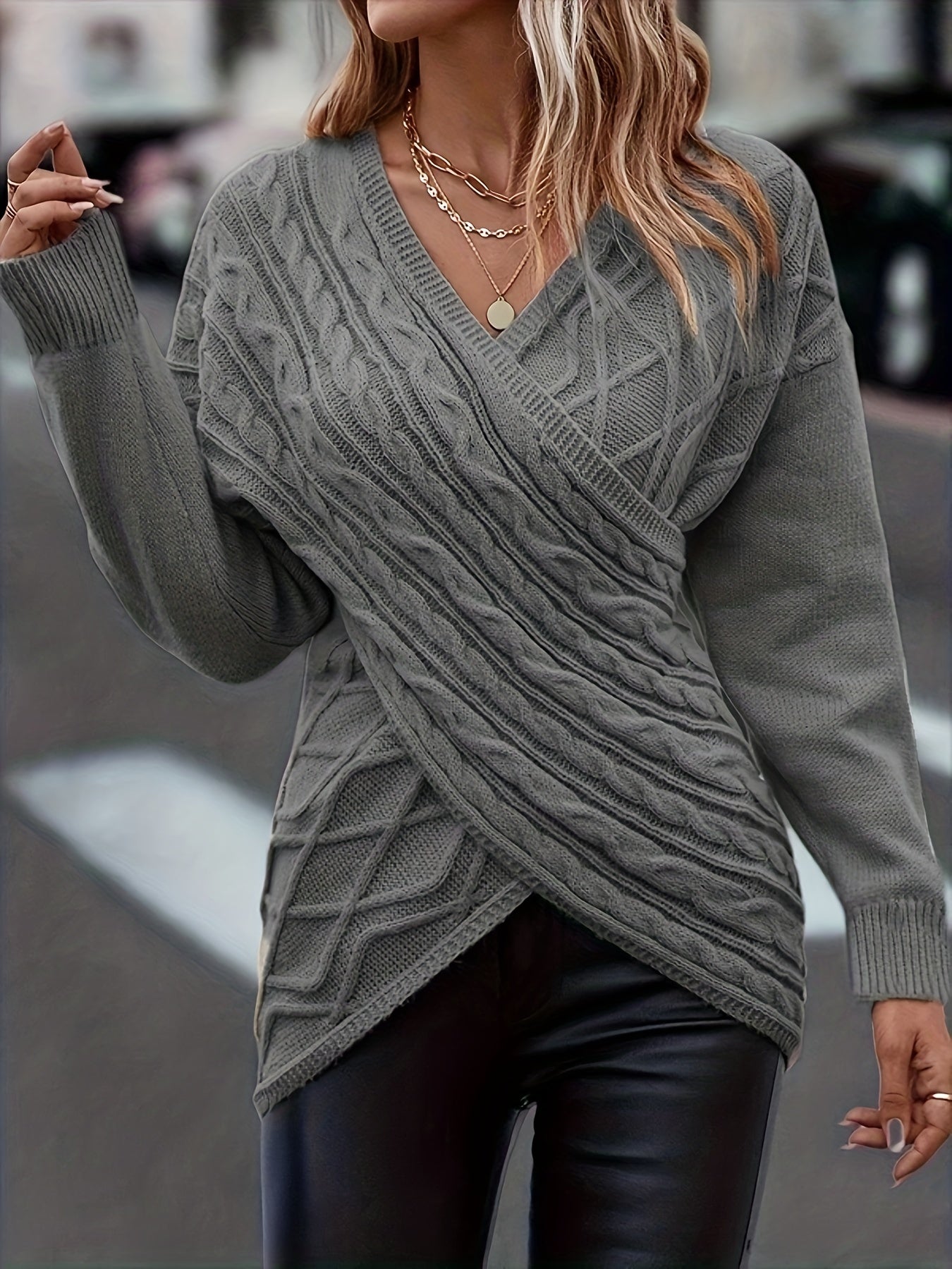 Plus Size Elegant Sweater, Women's Plus Solid Cable Drop Shoulder Long Sleeve Wrap Cross V Neck Jumper