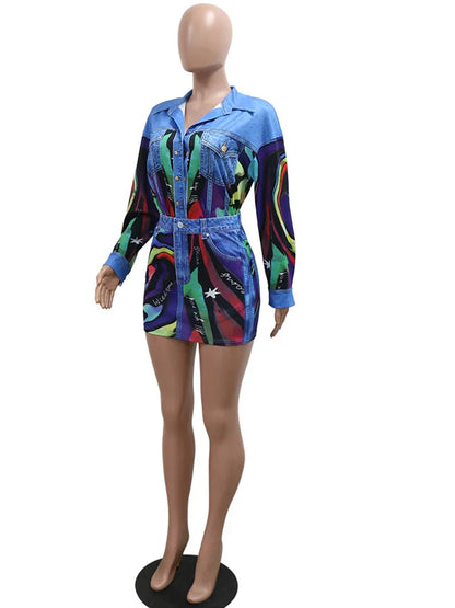 Beyprern Lux Denim Effect Set Women's Print Long Sleeve Colorful Blouse Top And Skirt Set Two-Piece Dress Outfits Night Clubwear