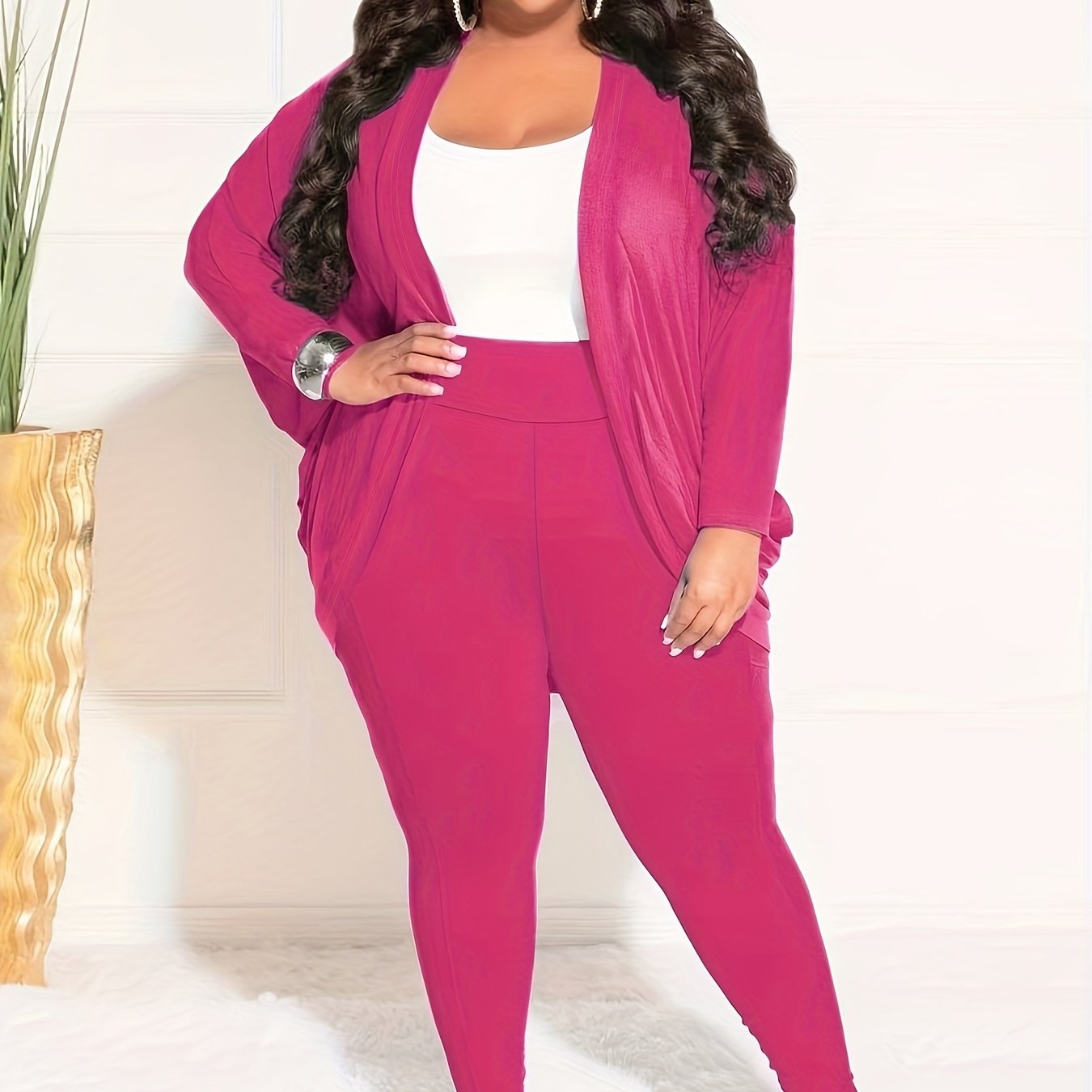 Plus Size Casual Outfits Two Piece Set, Women's Plus Solid Side Ruched Long Sleeve Open Front Cardigan & Skinny Pant Outfits Two Piece Set Rose Red