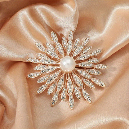 Large Double Layer Flower Brooch Pin Inlaid Faux Pearls Ladies Clothes Accessories Gift Rose Golden