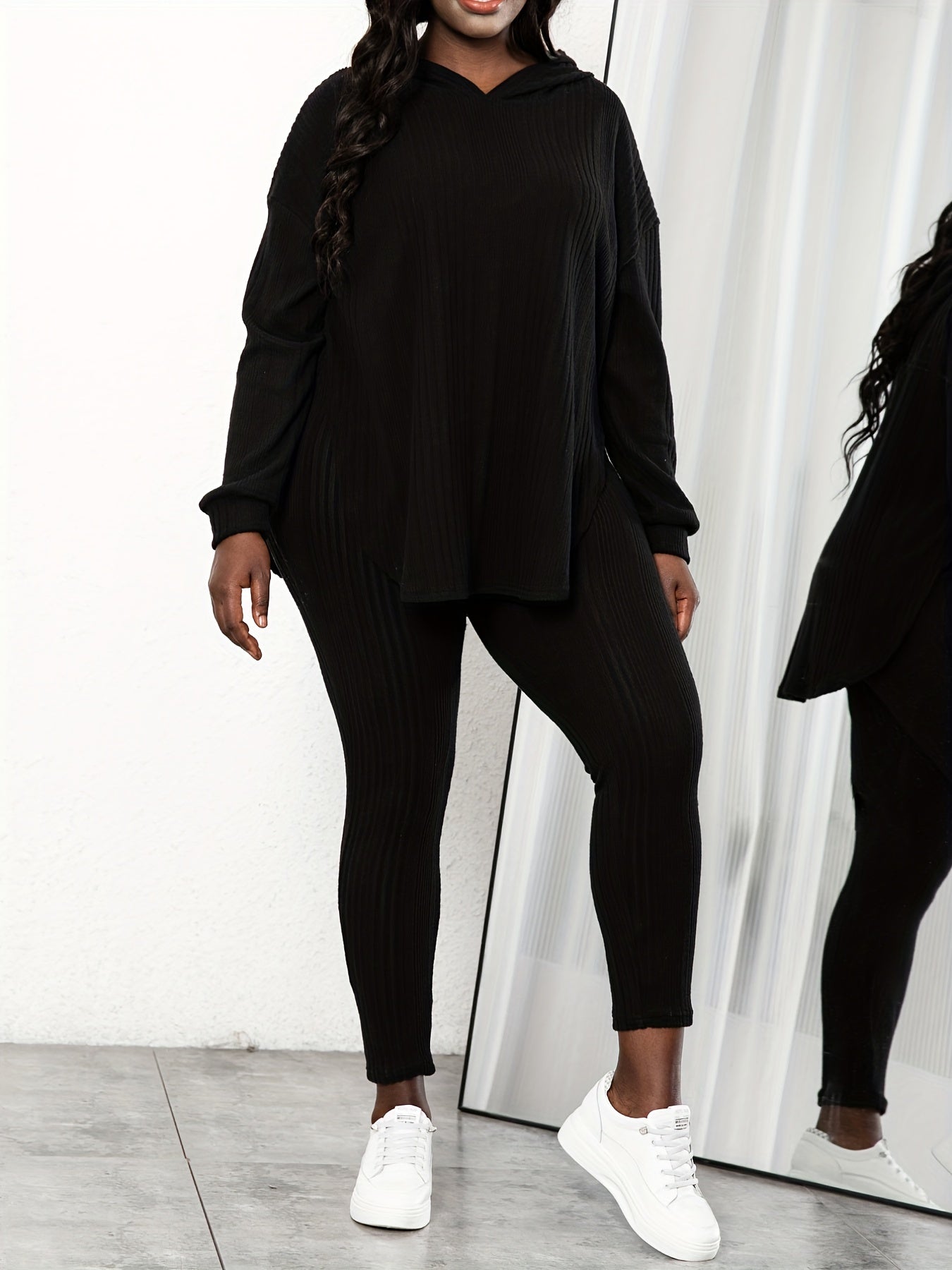 Plus Size Rib Knit Solid Long Sleeve Hoodie Tops & Leggings Set, Women's Plus High Stretch Casual 2pcs Set Co-ords