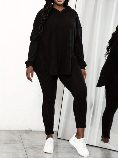 Plus Size Rib Knit Solid Long Sleeve Hoodie Tops & Leggings Set, Women's Plus High Stretch Casual 2pcs Set Co-ords