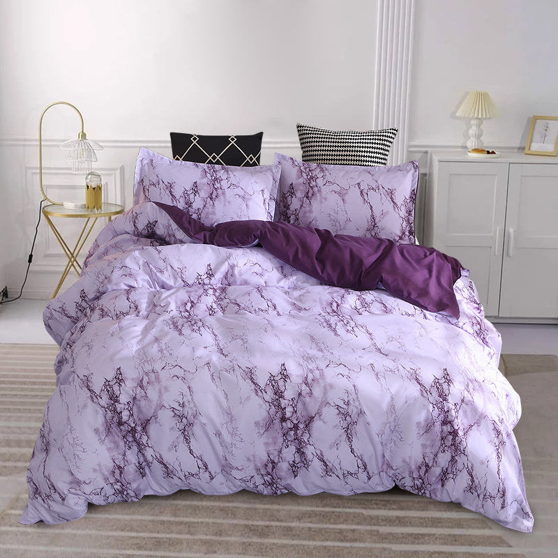 3pcs Marble Duvet Cover Set (1 Duvet Cover + Pillowcase), Soft Microfiber Bedding For All Season, Blanket For Bedroom Stone Pattern Purple Twin