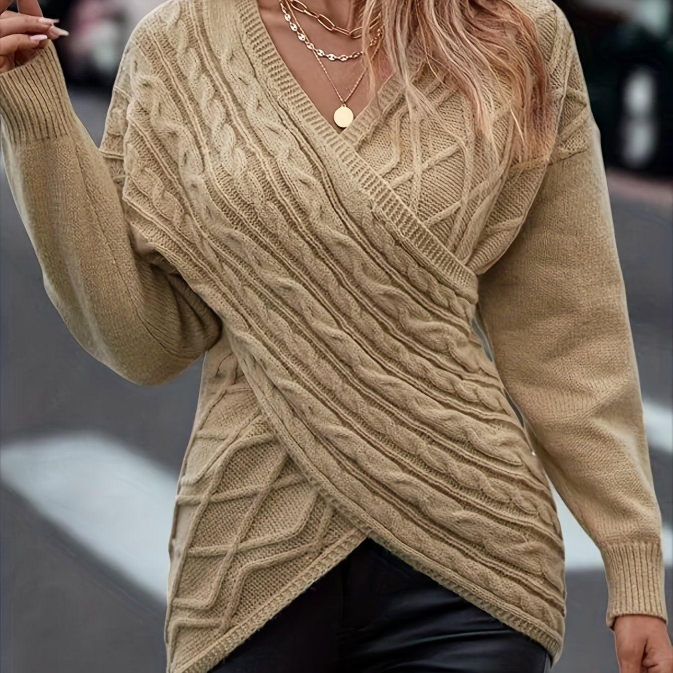 Plus Size Elegant Sweater, Women's Plus Solid Cable Drop Shoulder Long Sleeve Wrap Cross V Neck Jumper Khaki
