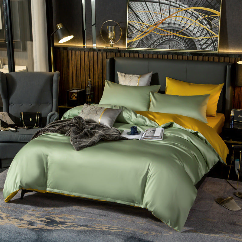Cotton Sheet and Pillowcase Four-piece Set Grey Green Turmeric
