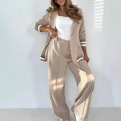 Women Suit Jacket 2 Piece Sets Striped Blazer Coat Turn Down Collar Single Breasted Wide Leg Pants Ensemble Office Lady Outfits