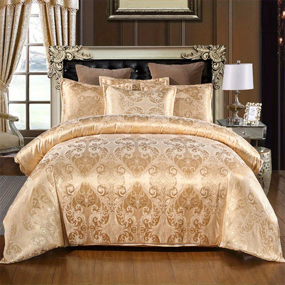 3pcs European Satin Jacquard Duvet Cover Set, Bedding Set For Bedroom, Guest Room (1*Duvet Cover + 2*Pillowcase, Without Core) Golden Full