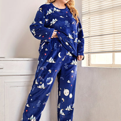 Stylish Plus Size Pajama Set - Women's Star & Cloud Print Long Sleeve Top & Pants - Perfect for Home Wear! Blue