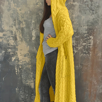 Plus Size Women's Solid Color Hooded Cardigan Coat, Casual Knitted Sweater Coat Yellow