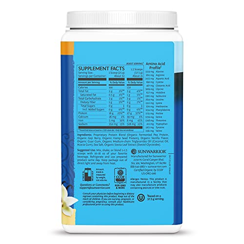 Organic Sunwarrior - Warrior Blend, Plant Based, Raw Vegan Protein Powder with Peas & Hemp, Chocolate, 30 Servings, 26.4 Ounce