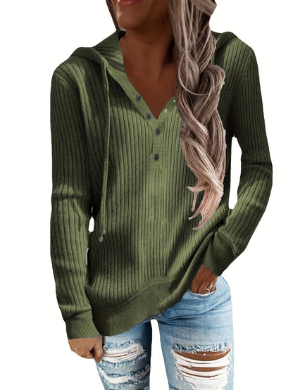 Plus Size Casual Coat, Women's Plus Solid Ribbed Long Sleeve Drawstring Hoodie Button Up Coat