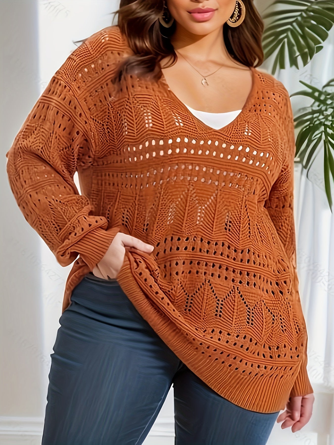 Plus Size Casual Knit Top, Women's Plus Solid Hollow Out Long Sleeve V Neck Sheer Pullover Sweater