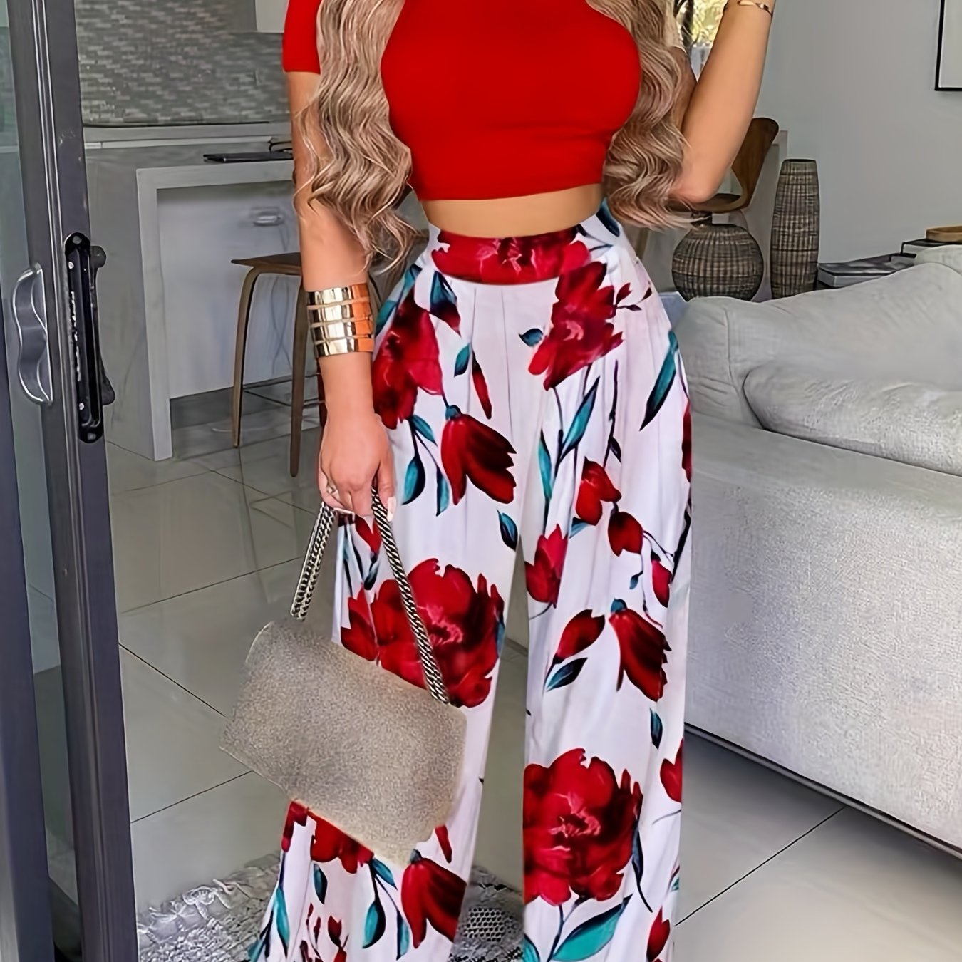 Boho Summer Two Pieces Set, Cropped Solid Short Sleeve T-shirt & High Waist Floral Print Wide Leg Pants Outfits, Women's Clothing Red Flower
