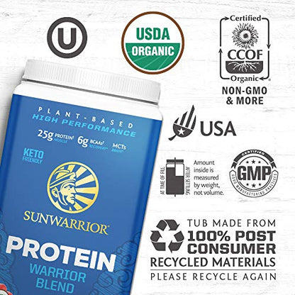 Organic Sunwarrior - Warrior Blend, Plant Based, Raw Vegan Protein Powder with Peas & Hemp, Chocolate, 30 Servings, 26.4 Ounce