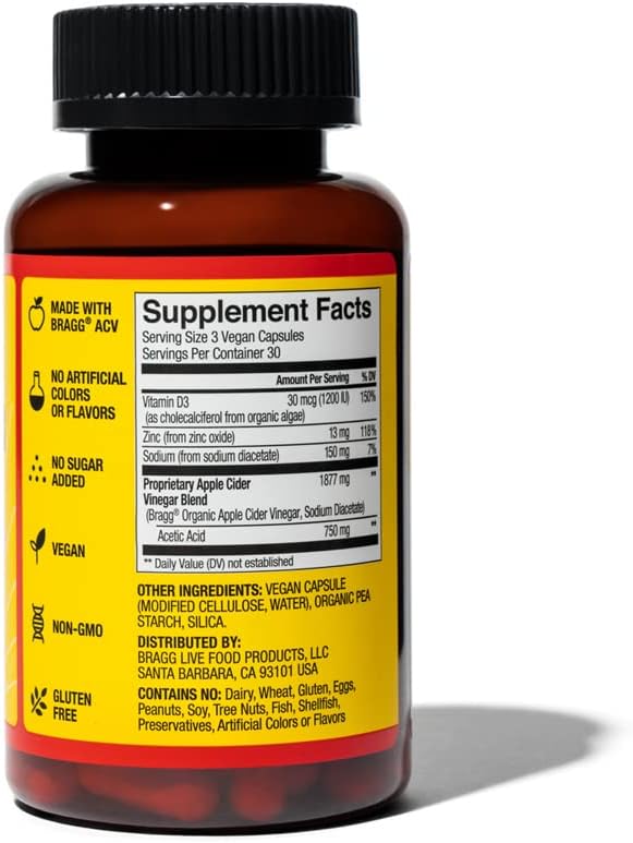 Bragg Apple Cider Vinegar Capsules - Vitamin D3 & Zinc - 750mg of Acetic Acid – Immune & Weight Management Support - Non-GMO, Vegan, Gluten Free, No Sugar (1)