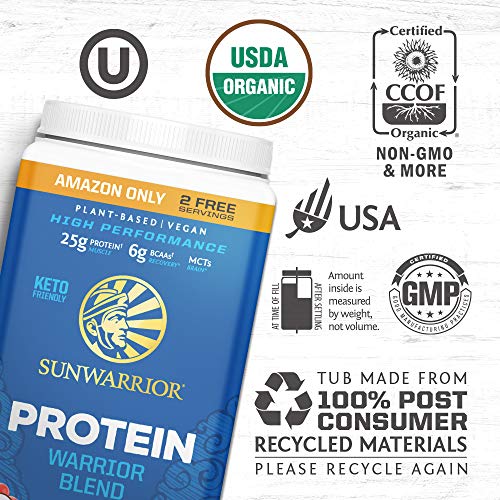 Organic Sunwarrior - Warrior Blend, Plant Based, Raw Vegan Protein Powder with Peas & Hemp, Chocolate, 30 Servings, 26.4 Ounce