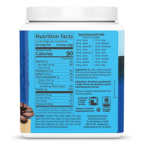 Organic Sunwarrior - Warrior Blend, Plant Based, Raw Vegan Protein Powder with Peas & Hemp, Chocolate, 30 Servings, 26.4 Ounce