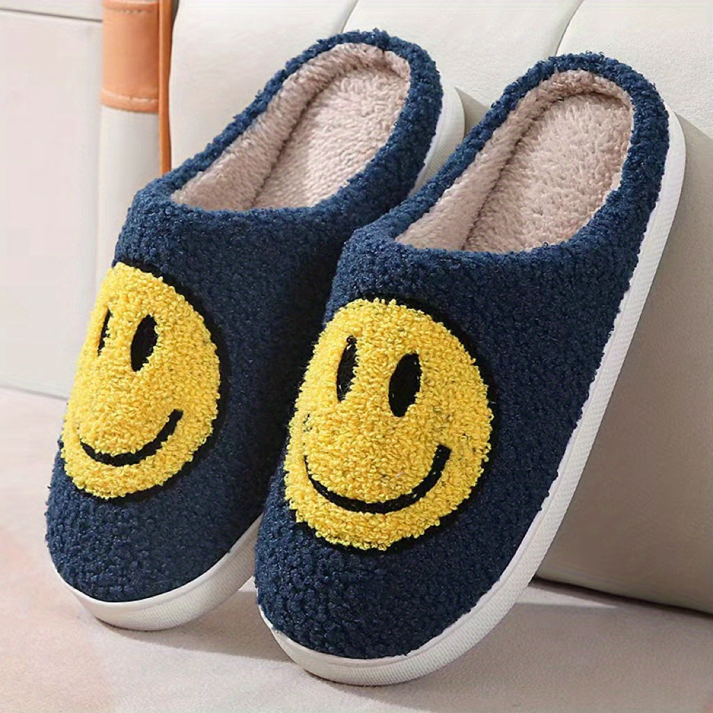 Women's Kawaii Smile Face Design Slippers, Warm Slip On Plush Lined Shoes, Women's Indoor Home Slippers