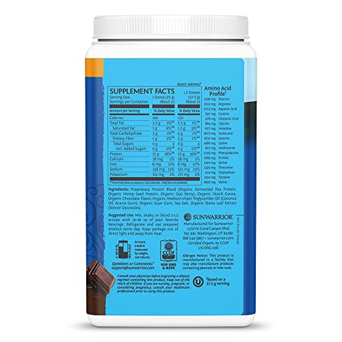 Organic Sunwarrior - Warrior Blend, Plant Based, Raw Vegan Protein Powder with Peas & Hemp, Chocolate, 30 Servings, 26.4 Ounce