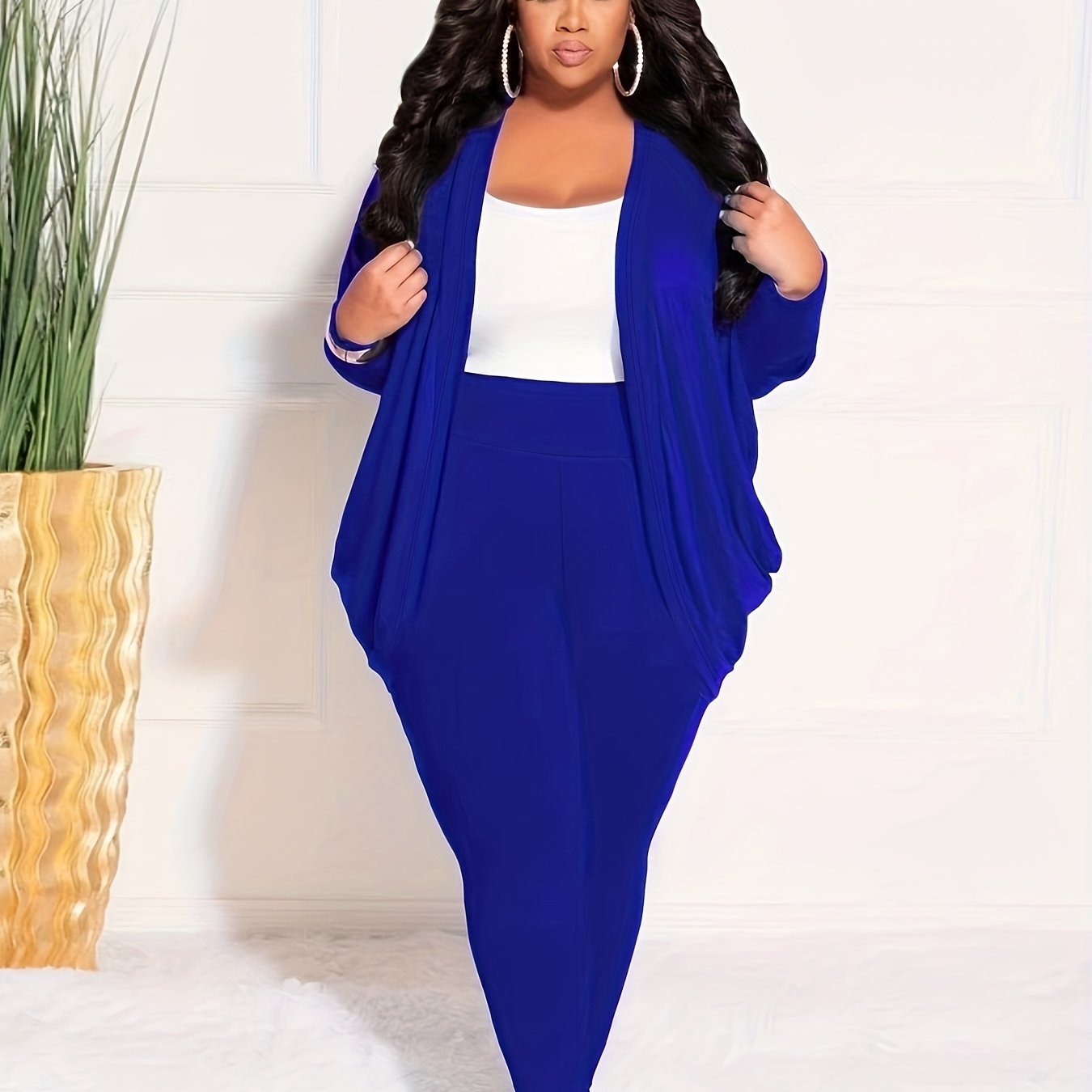 Plus Size Casual Outfits Two Piece Set, Women's Plus Solid Side Ruched Long Sleeve Open Front Cardigan & Skinny Pant Outfits Two Piece Set Blue