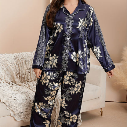 Women's Plus Size Elegant Floral Print Pajama Set - Long Sleeve Top & Pants Two Piece Set Floral