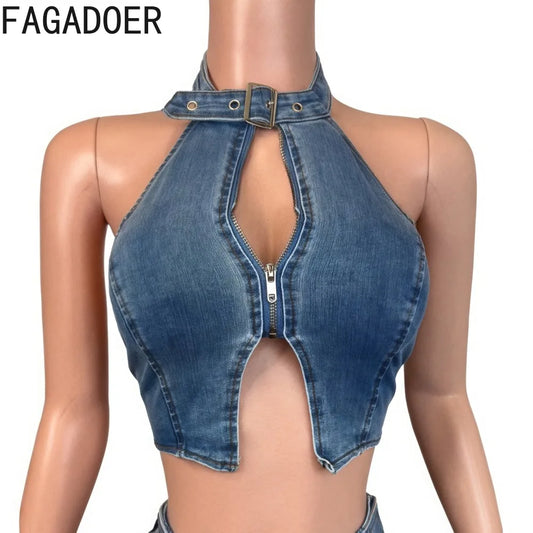 FAGADOER Y2K Sexy Denim 2 Piece Sets Woman Outfit Zipper Sleeveless Backless Halter Crop Top and Shorts Suits Female Streetwear