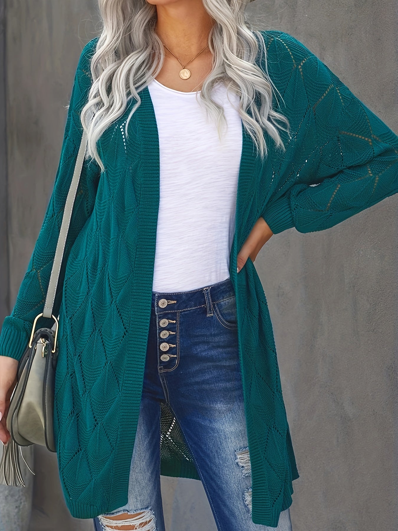 Plus Size Casual Cardigan, Women's Plus Solid Eyelet Embroidered Long Sleeve Open Front Cardigan