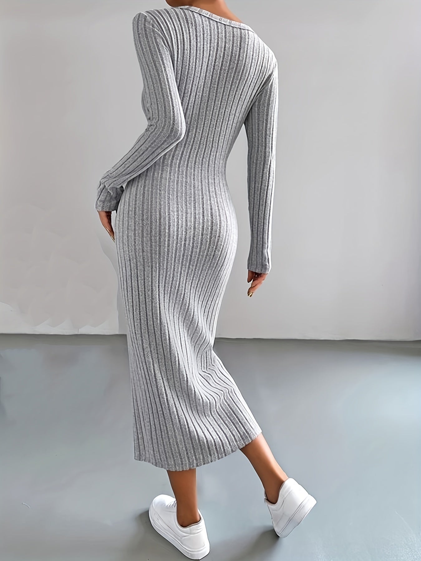 Plus Size Casual Sweater Dress, Women's Plus Solid Ribbed Button Up Long Sleeve V Neck Medium Stretch Slim Fit Dress