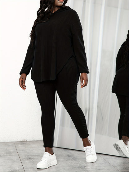 Plus Size Rib Knit Solid Long Sleeve Hoodie Tops & Leggings Set, Women's Plus High Stretch Casual 2pcs Set Co-ords