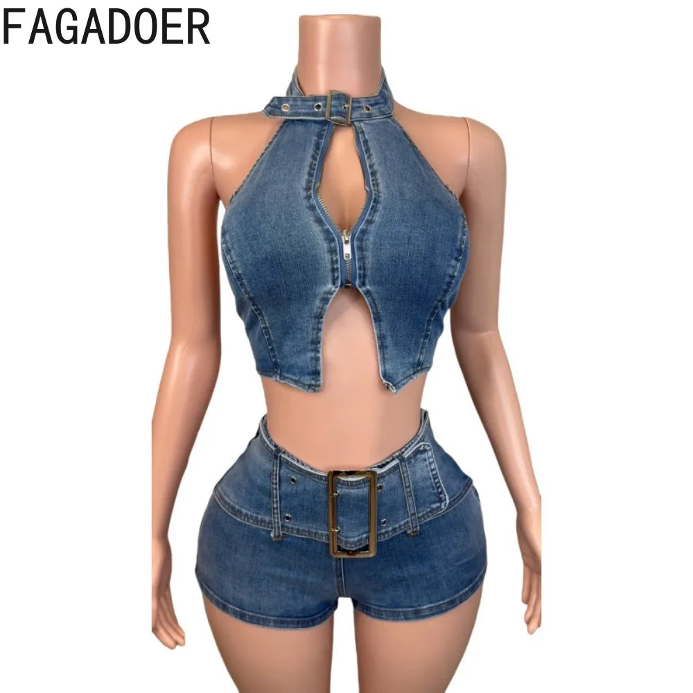 FAGADOER Y2K Sexy Denim 2 Piece Sets Woman Outfit Zipper Sleeveless Backless Halter Crop Top and Shorts Suits Female Streetwear