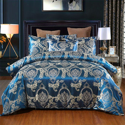 3pcs European Satin Jacquard Duvet Cover Set, Bedding Set For Bedroom, Guest Room (1*Duvet Cover + 2*Pillowcase, Without Core) Blue Queen