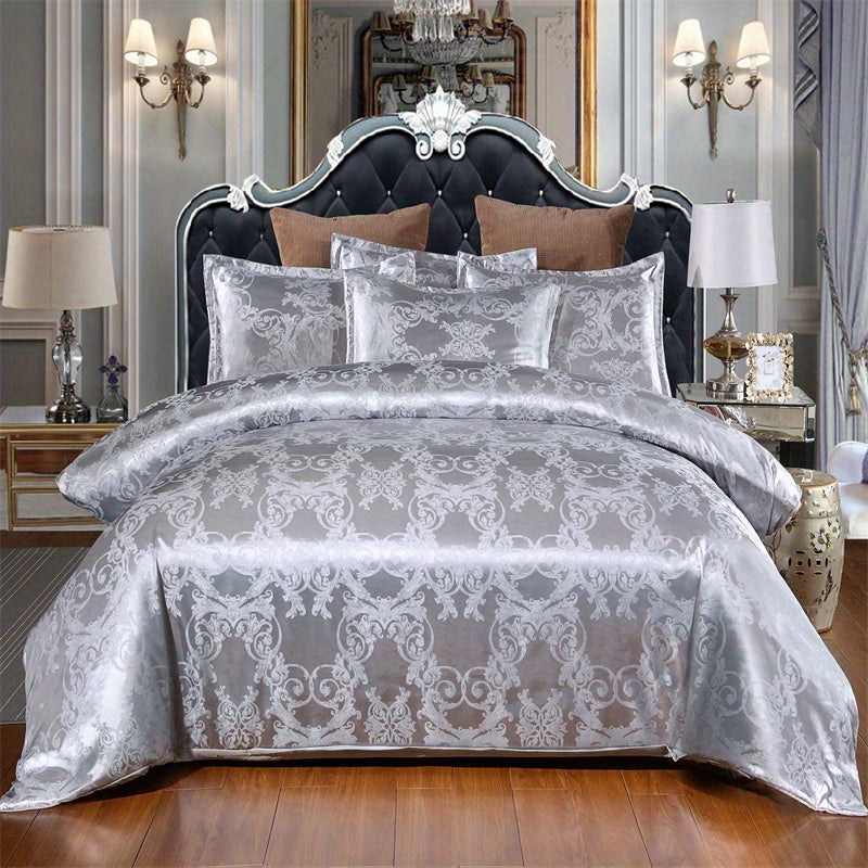 3pcs European Satin Jacquard Duvet Cover Set, Bedding Set For Bedroom, Guest Room (1*Duvet Cover + 2*Pillowcase, Without Core) grey Twin