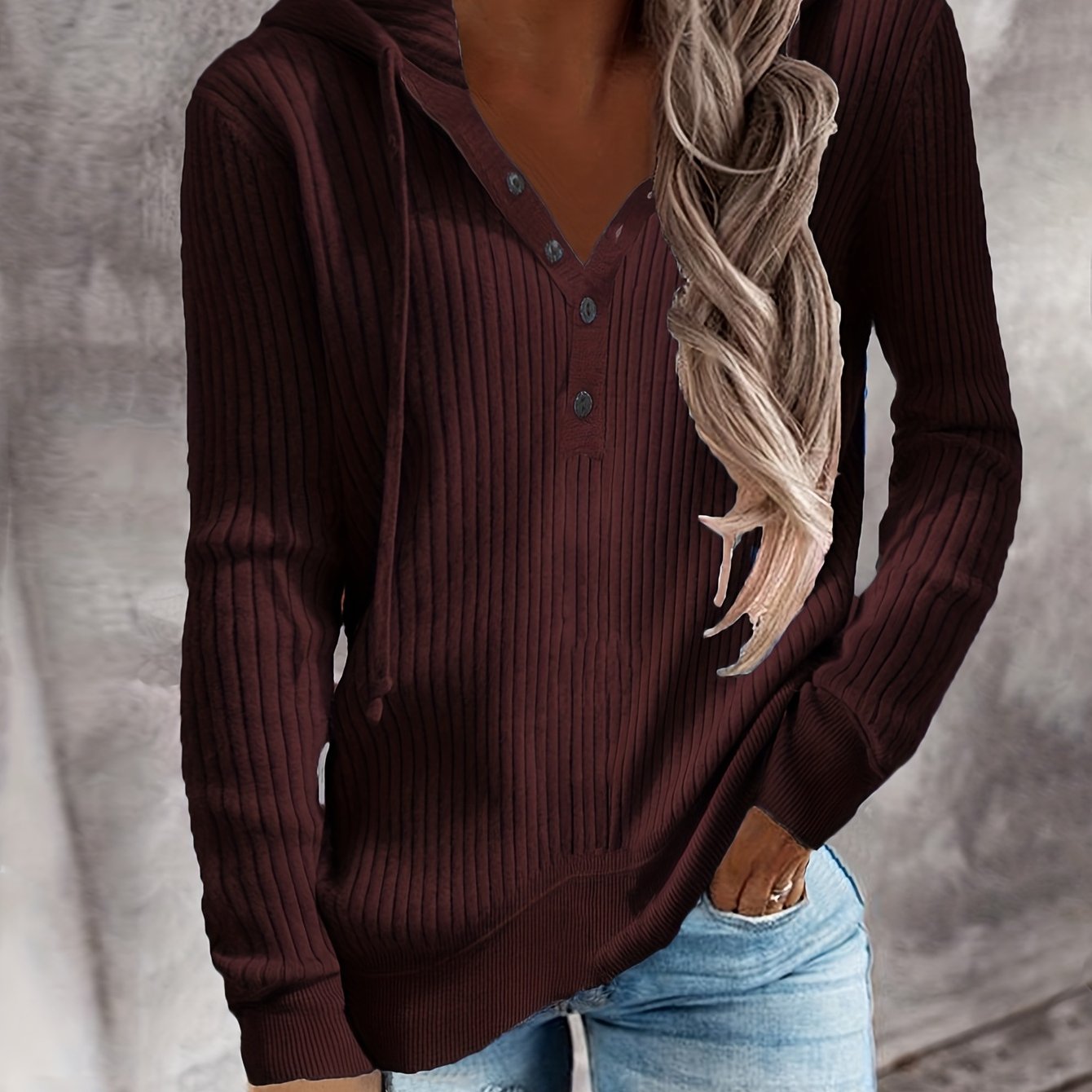 Plus Size Casual Coat, Women's Plus Solid Ribbed Long Sleeve Drawstring Hoodie Button Up Coat Burgundy