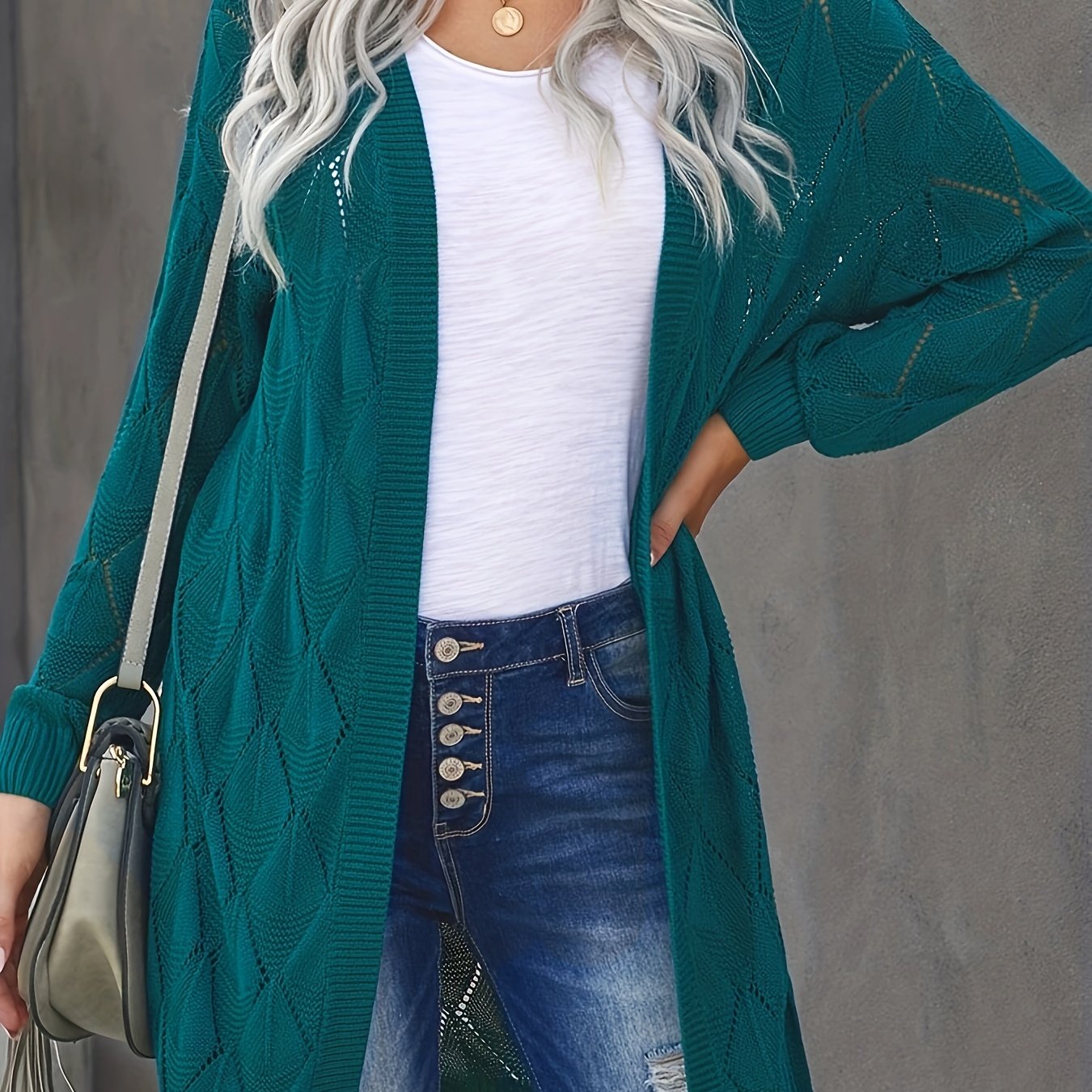 Plus Size Casual Cardigan, Women's Plus Solid Eyelet Embroidered Long Sleeve Open Front Cardigan Green