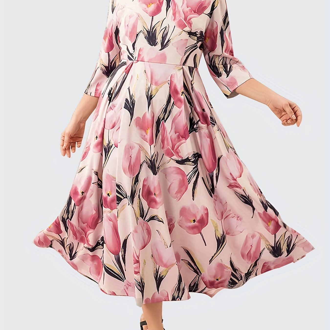 Plus Size Casual Dress, Women's Plus Floral Print Half Sleeve Square Neck Medium Stretch Maxi Dress Multicolor