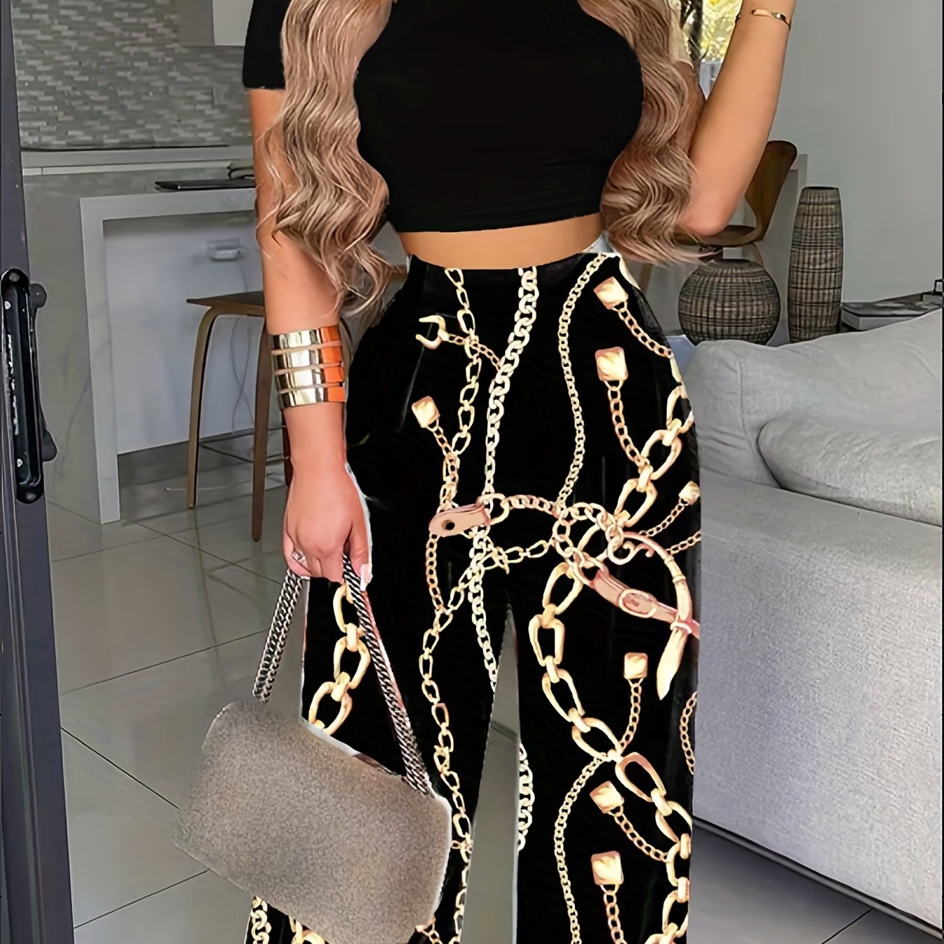 Boho Summer Two Pieces Set, Cropped Solid Short Sleeve T-shirt & High Waist Floral Print Wide Leg Pants Outfits, Women's Clothing Multicolor 3