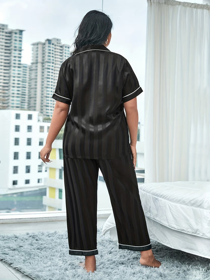 Look & Feel Fabulous in this Plus Size Casual Pajama Set - Women's Satin Leopard Print Tee & Smooth Pants 2pcs Set