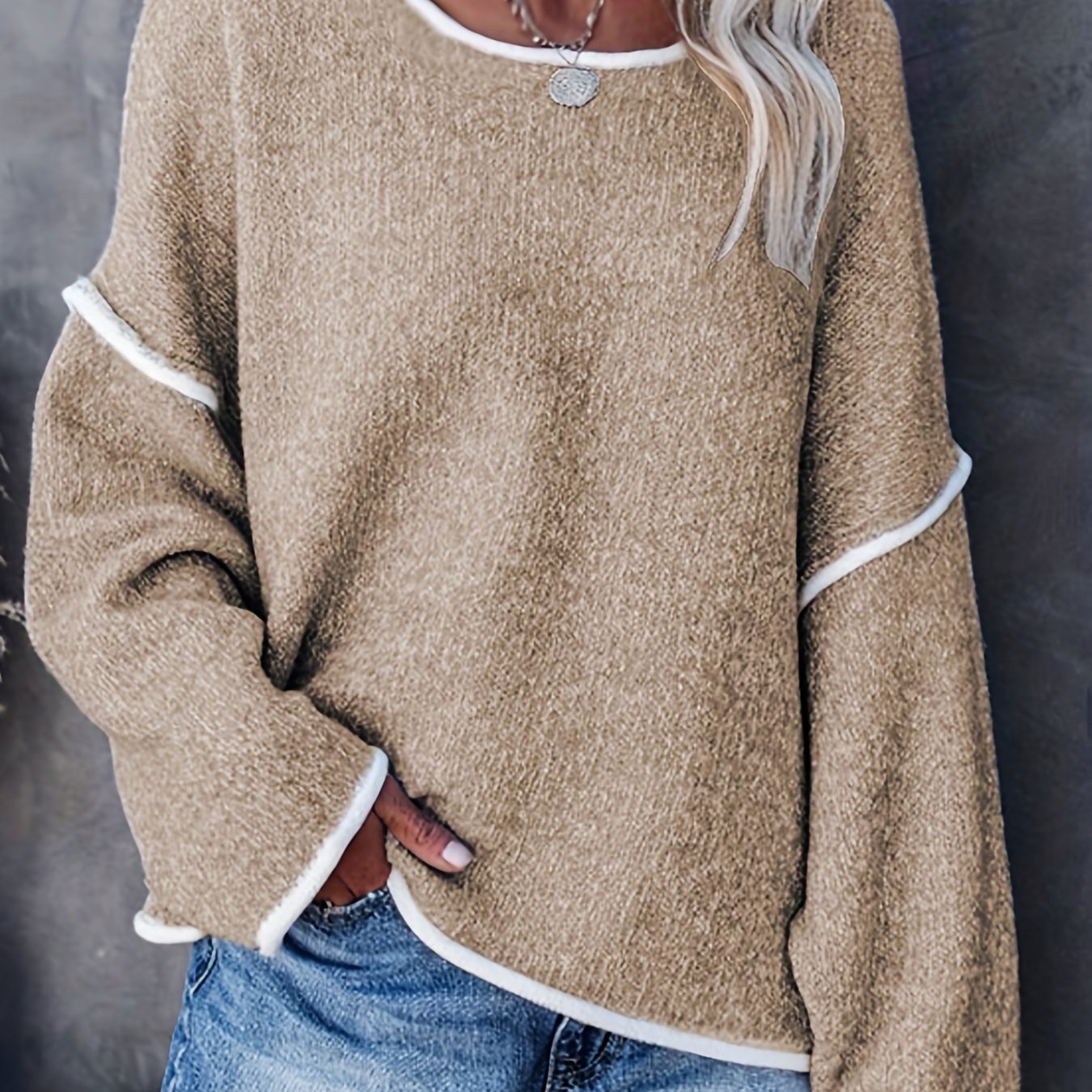 Plus Size Casual Sweater, Women's Plus Solid Long Sleeve Round Neck Slight Stretch Loose Sweater Tawny