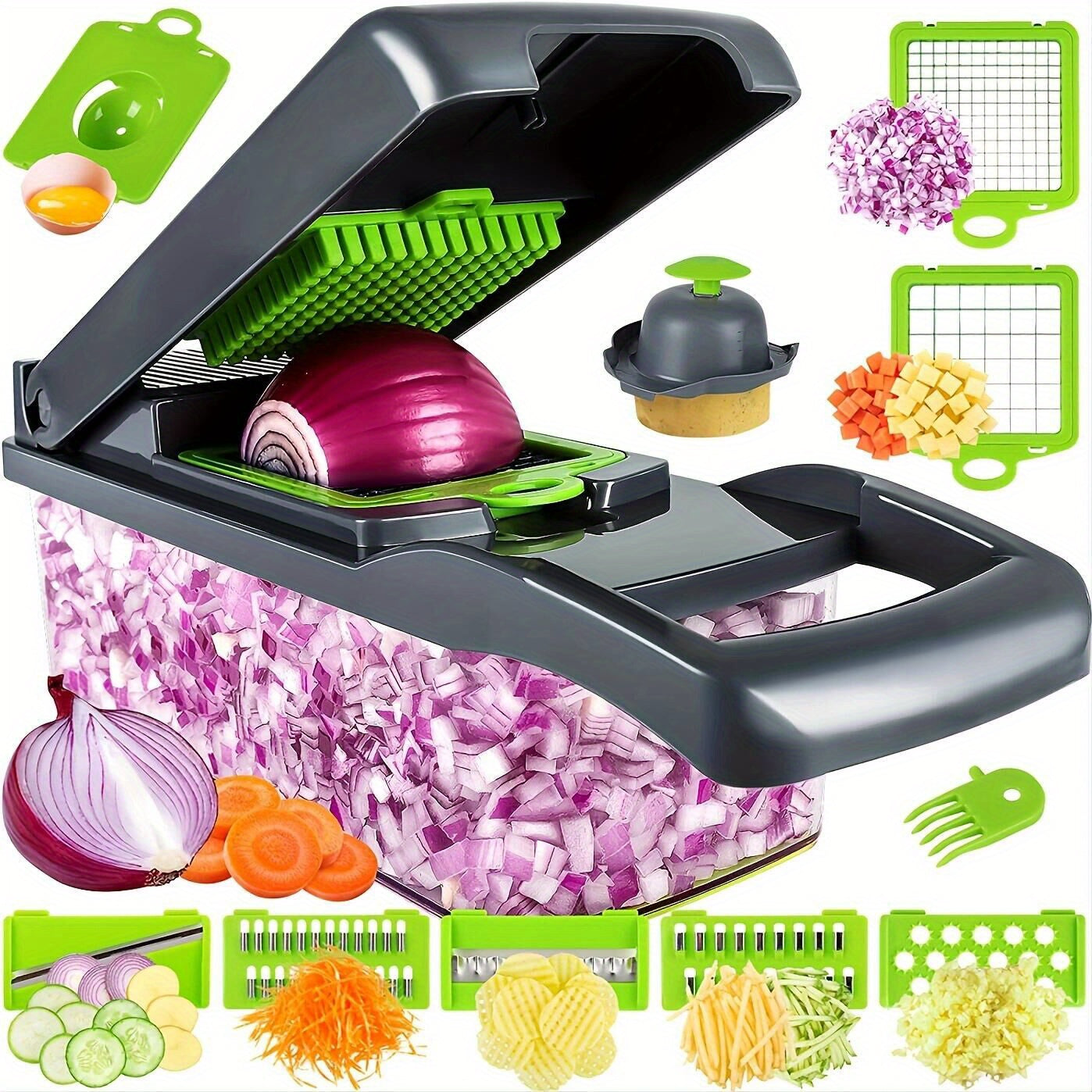 1Set Vegetable Onion Chopper, Kitchen 15 In 1 Food Chopper 8 Blades Cutter With Container(13.7*4.7Inch) Grey-Green