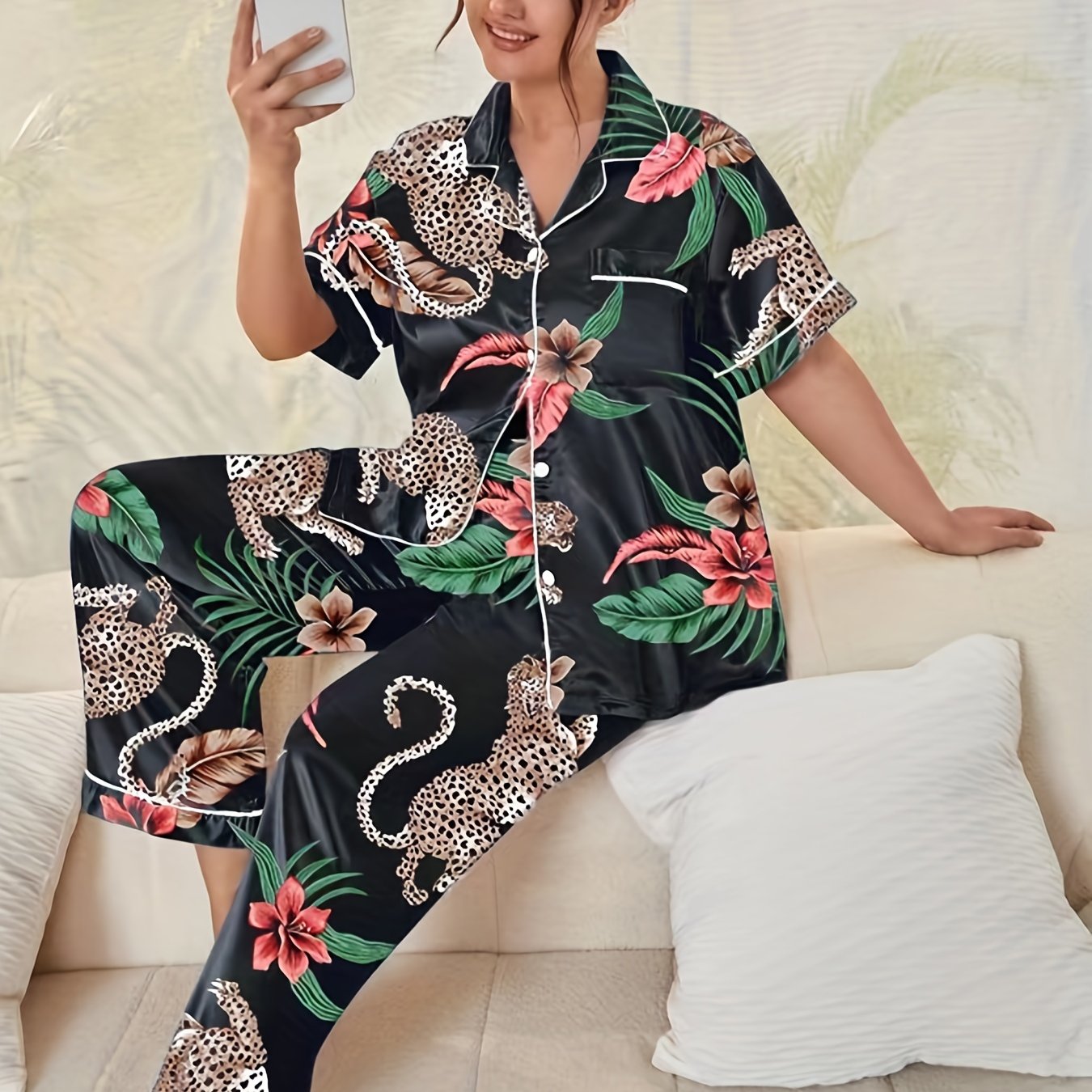 Look & Feel Fabulous in this Plus Size Casual Pajama Set - Women's Satin Leopard Print Tee & Smooth Pants 2pcs Set Panther