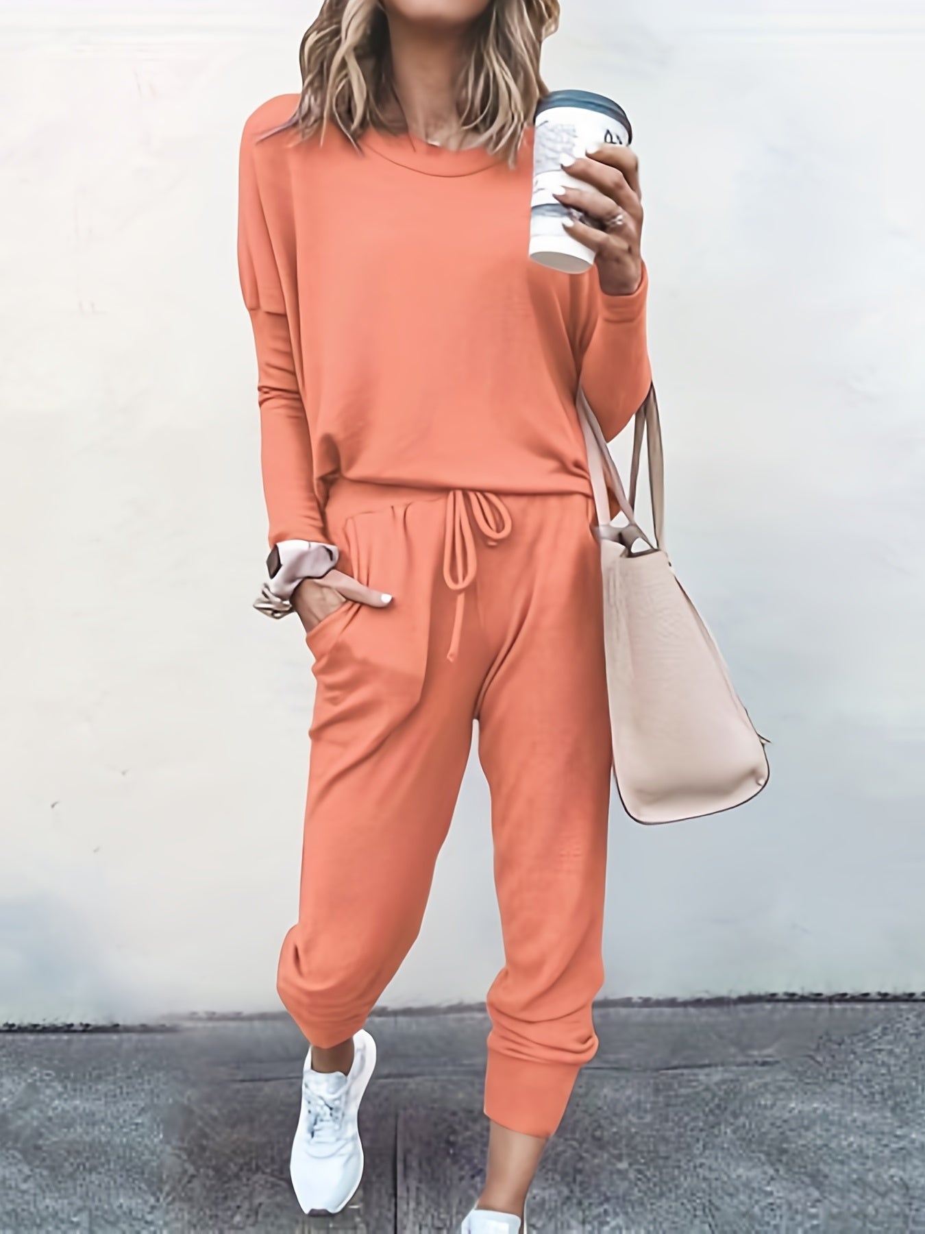 Casual Solid Two-piece Set, Long Sleeve T-shirt & Drawstring Pants Outfits, Women's Clothing