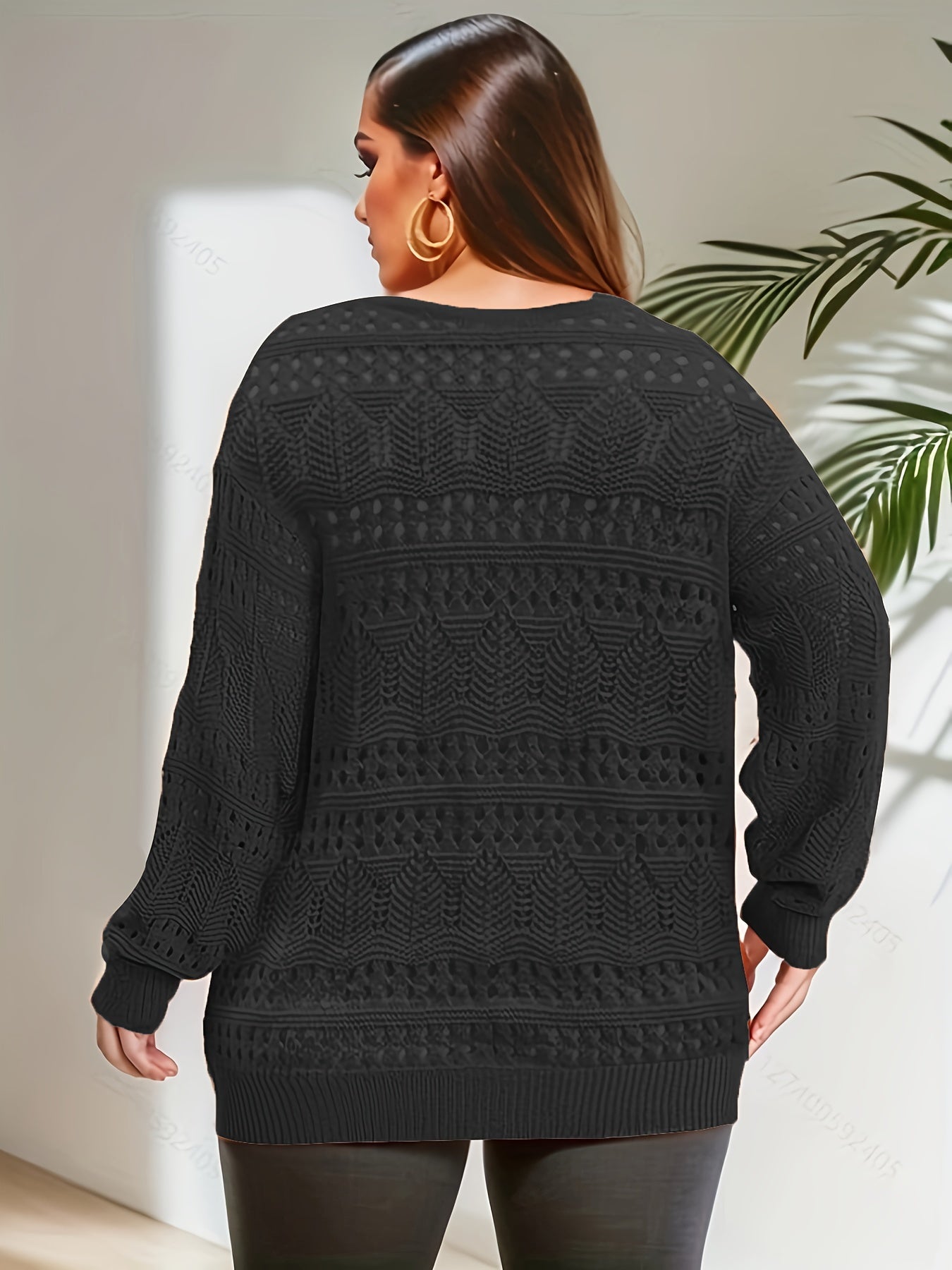 Plus Size Casual Knit Top, Women's Plus Solid Hollow Out Long Sleeve V Neck Sheer Pullover Sweater